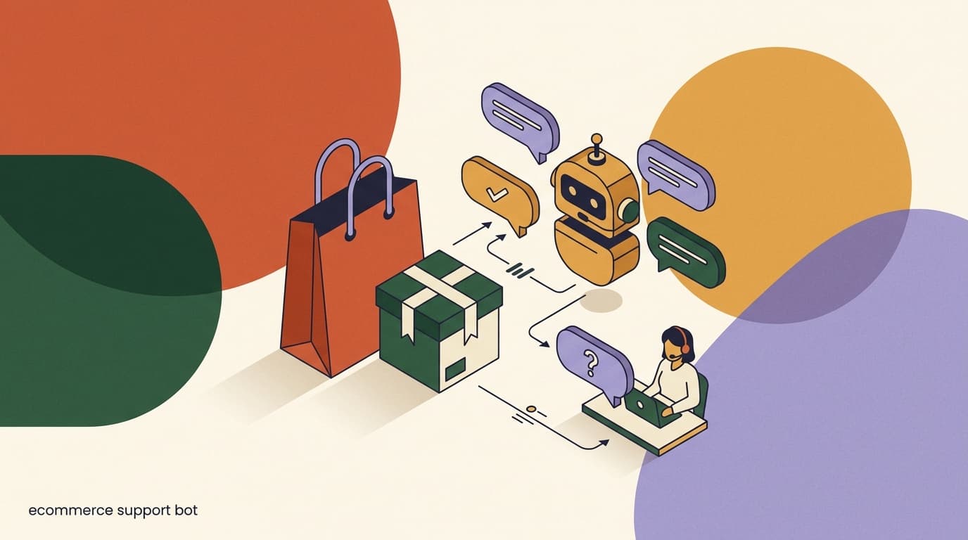 Flat illustration of an ecommerce support chatbot answering order status, shipping, and returns questions in a chat window beside a shopping bag
