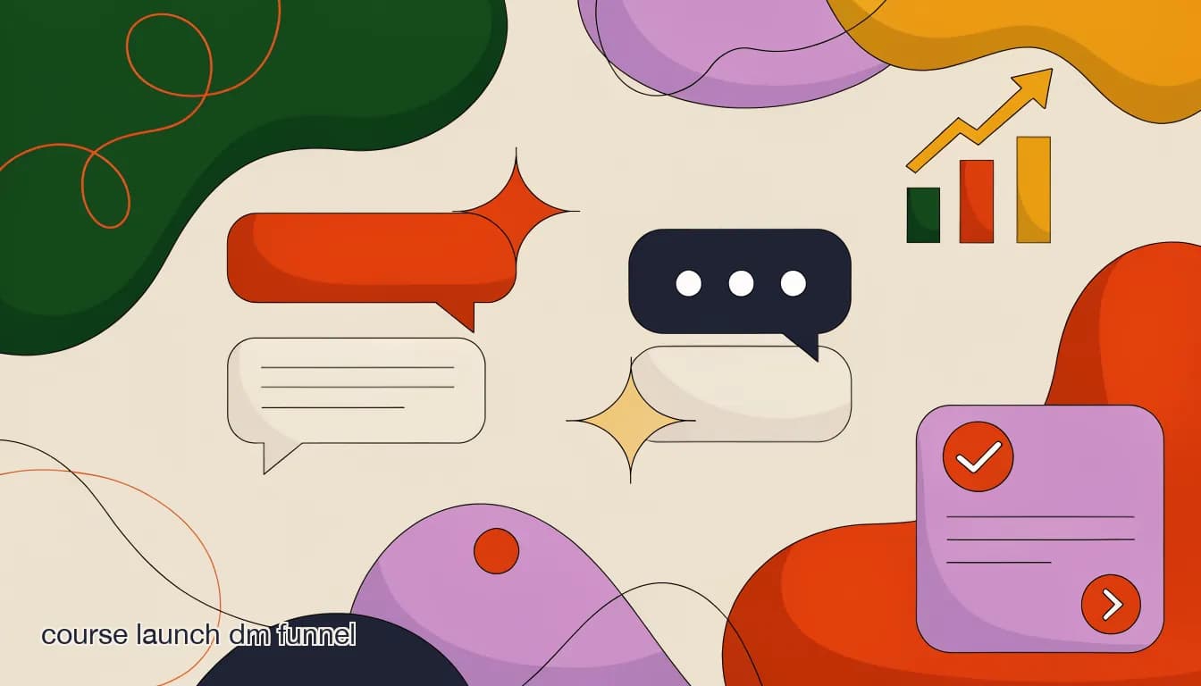 Flat illustration of an Instagram comment turning into a DM conversation and then a course purchase confirmation, on How to Build a Course Launch DM Funnel That Actually Converts