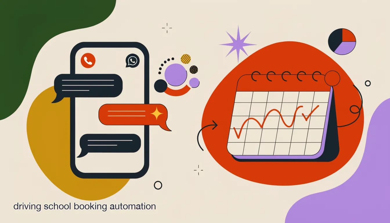 Flat illustration of a phone showing an automated driving school booking conversation next to a calendar with a scheduled lesson, on Driving School Booking Automation: From Instagram DM to Scheduled Lesson