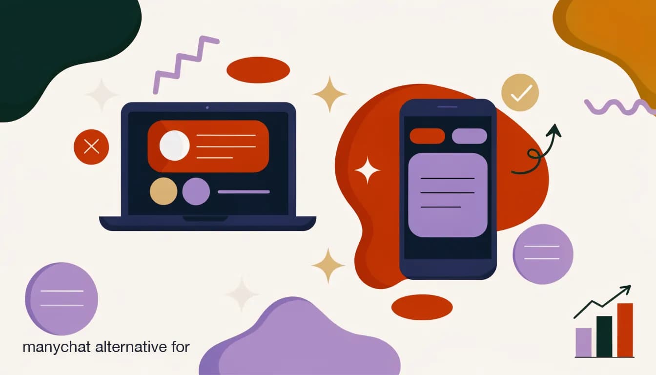 Flat illustration of an education provider comparing two chat automation platforms on a laptop and phone, on The Best ManyChat Alternative for Education Providers in 2026