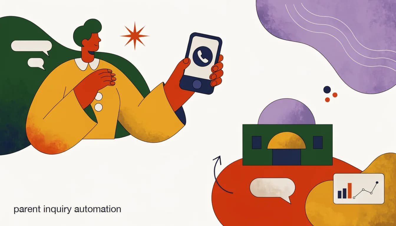 Flat illustration of a parent messaging a school on a phone and receiving an instant automated reply about schedules and fees, on Parent Inquiry Automation: Answering Every Parent Message Without Adding Staff
