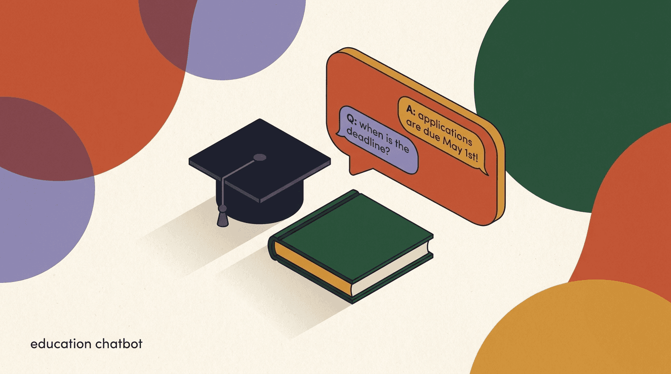 Flat illustration of an education chatbot answering an admissions inquiry on a phone, with school buildings, chat bubbles, and a calendar reminder in the background