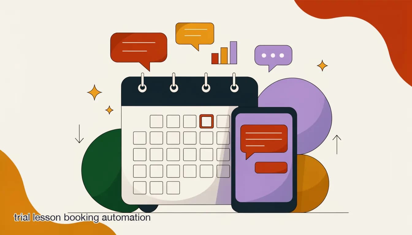 Flat illustration of a calendar with a trial lesson booked and an automated reminder notification on a phone, on How to Automate Trial Lesson and Placement Assessment Booking (and Cut No-Shows)