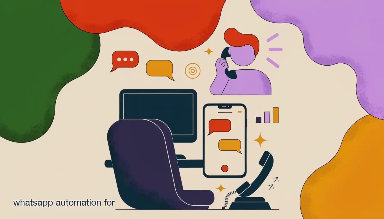 Flat illustration of a tutoring center front desk with a phone showing an automated WhatsApp conversation with a parent, on WhatsApp Automation for Tutoring Centers: Lead Follow-Up, Reminders & Re-Enrollment