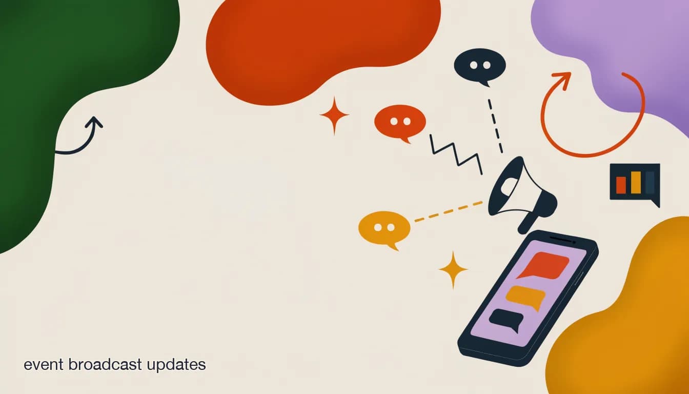 Flat illustration of a megaphone icon sending segmented broadcast messages to different groups of event attendees on a phone, on Event Broadcast Updates: How to Notify Attendees Without Spamming Them