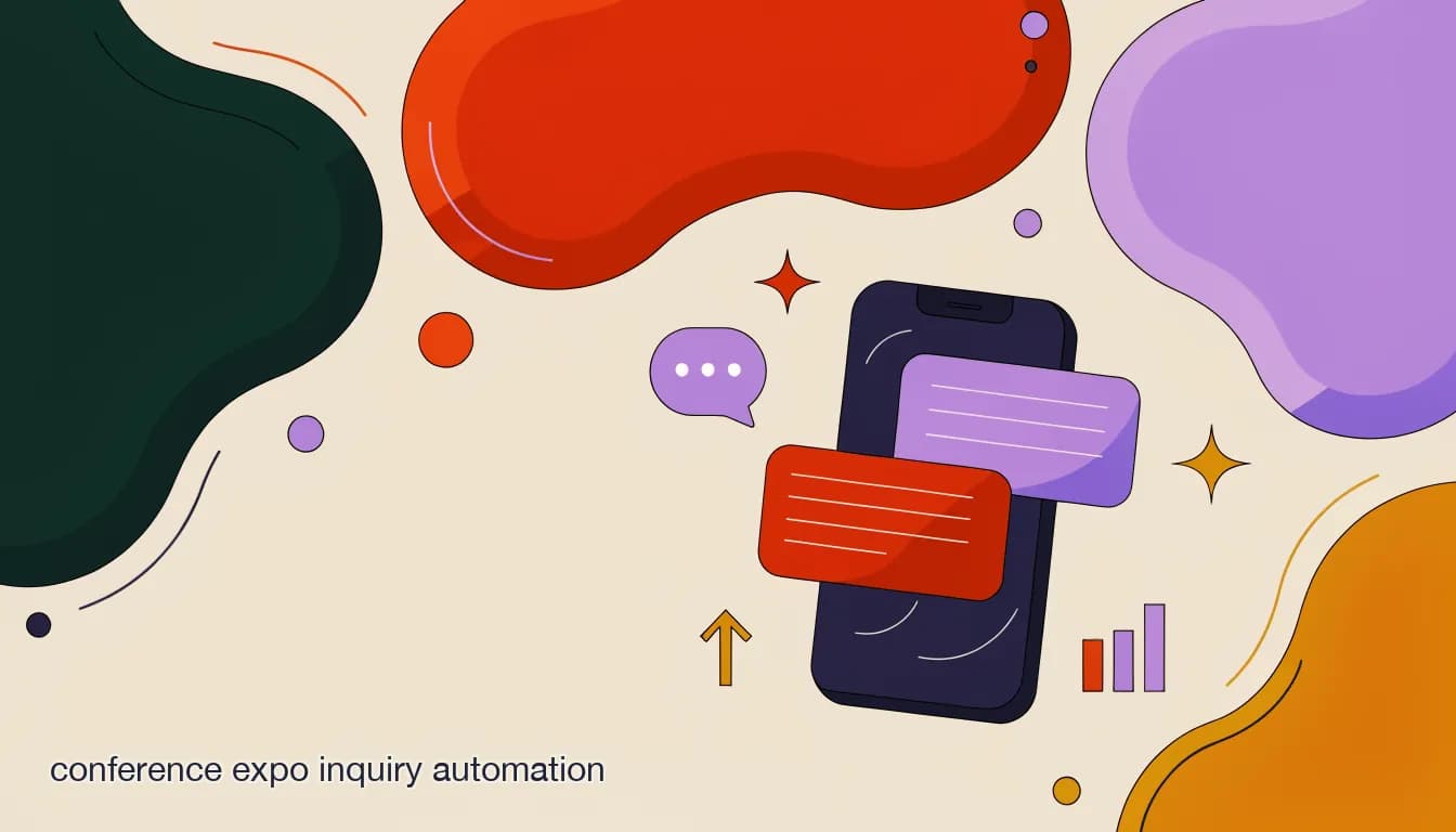 Flat illustration of a conference expo floor with a phone showing an automated chat handling attendee and exhibitor questions, on Conference & Expo Inquiry Automation: Handling Exhibitor and Attendee DMs at Scale