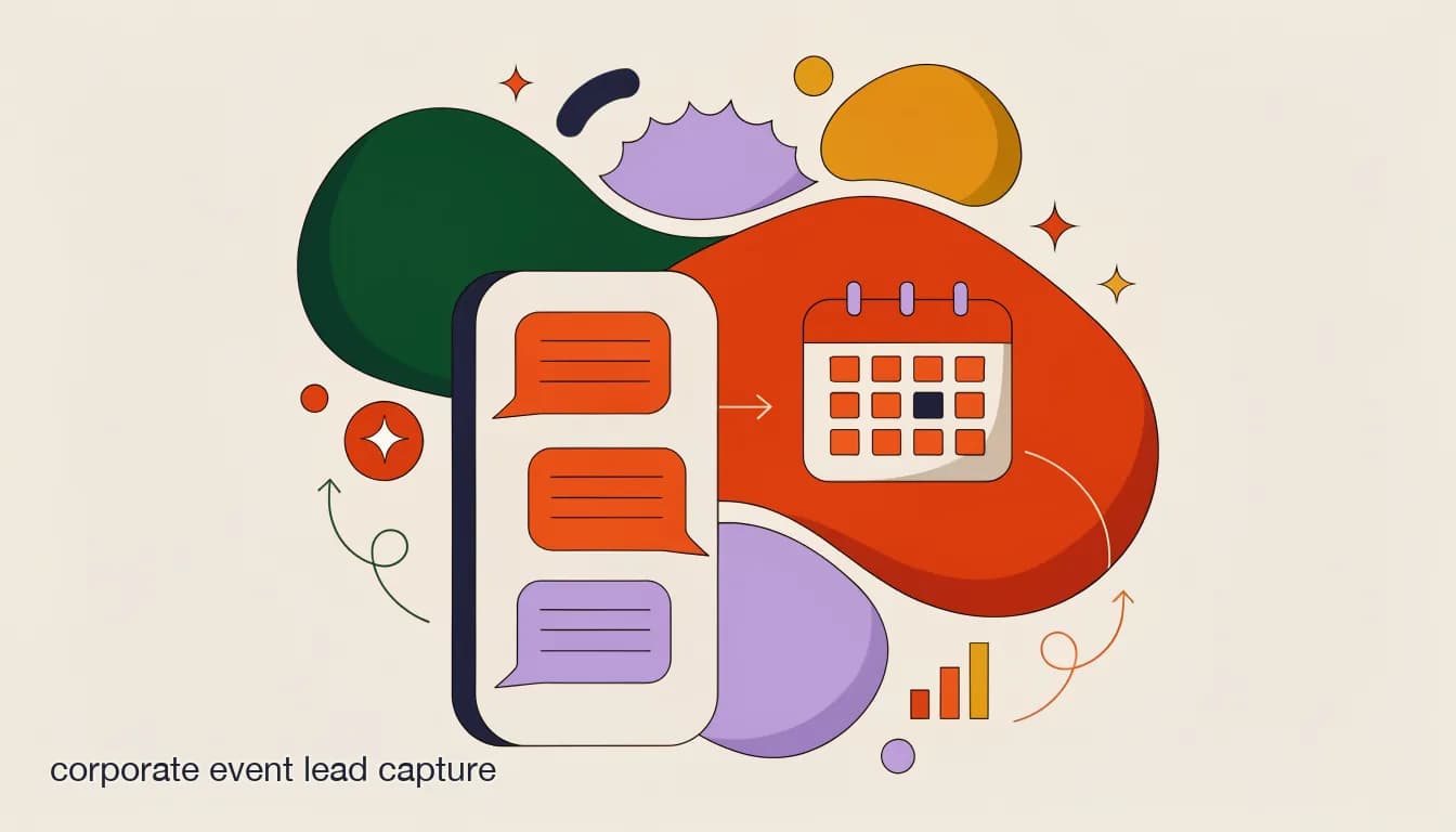 Flat illustration of a phone showing a corporate event DM conversation converting into a booked meeting on a calendar, on Corporate Event Lead Capture: Turning Instagram and LinkedIn DMs Into Booked Meetings