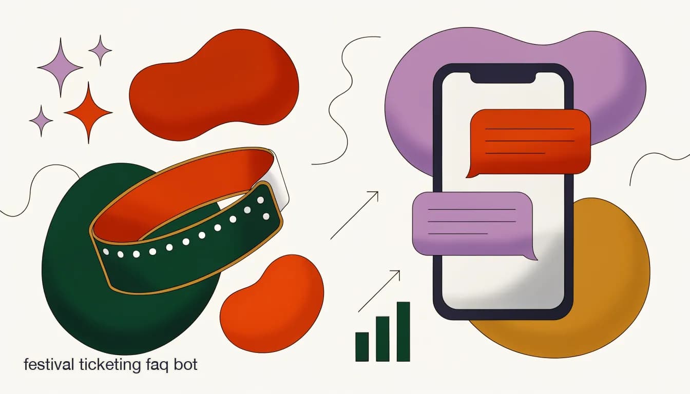 Flat illustration of a festival wristband and phone showing an automated FAQ chat answering ticketing questions, on Festival Ticketing FAQ Bot: Answering Refund, Lineup, and Entry Questions Automatically