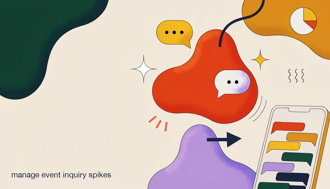 Flat illustration of a venue manager's phone flooded with DM notifications during a ticket on-sale inquiry spike, on How to Manage Event Inquiry Spikes Without Missing a Booking