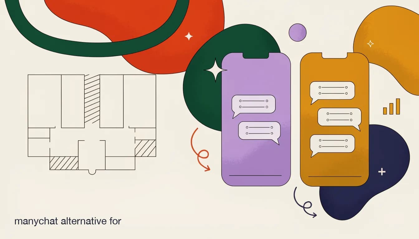 Flat illustration of a venue floor plan next to two chat-app phones, comparing ManyChat and KlyoChat for event organizers, on ManyChat Alternative for Event Organizers and Venues