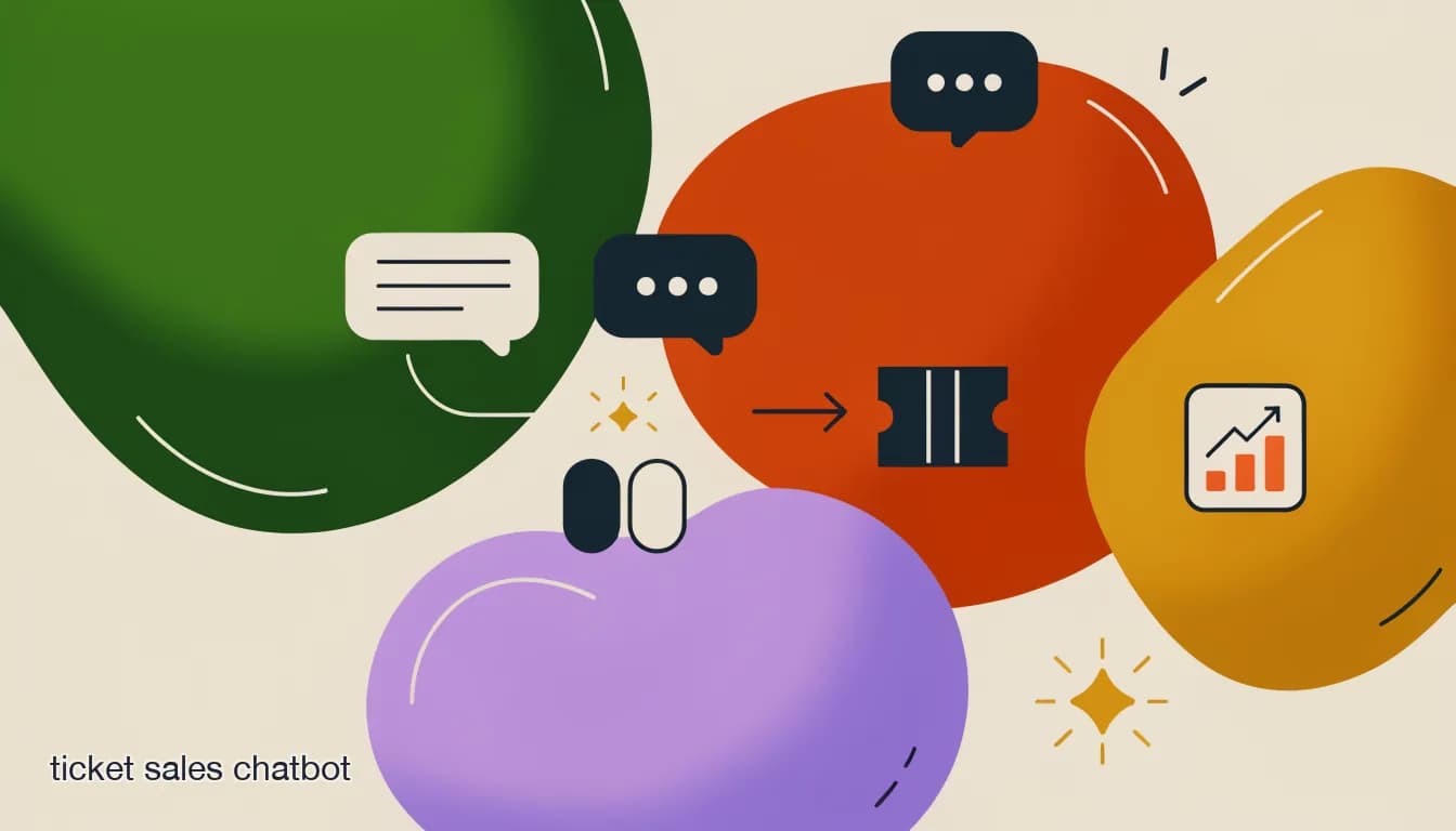 Flat illustration of a phone DM conversation ending in a ticket checkout link for a live event, on Ticket Sales Chatbot: Selling Tickets Straight From Instagram and WhatsApp DMs