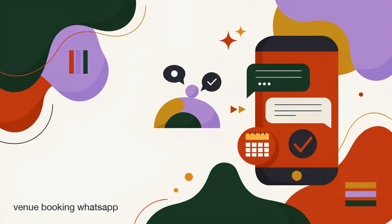 Flat illustration of a phone showing a WhatsApp conversation booking a venue, with a calendar and deposit confirmation icons, on Venue Booking on WhatsApp: A Step-by-Step Inquiry-to-Deposit Flow