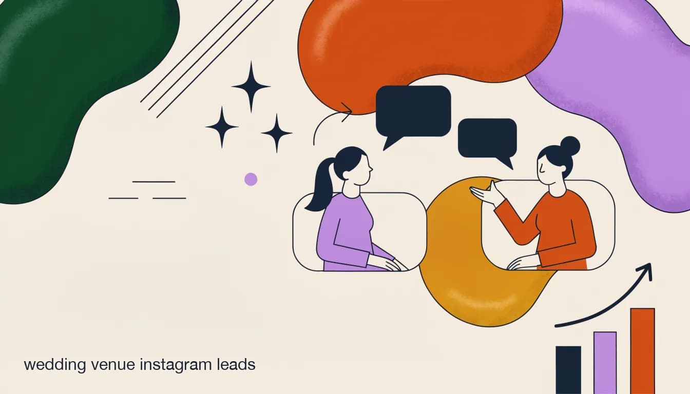 Flat illustration of a wedding venue Instagram post turning into a private DM conversation with a couple booking a tour, on Wedding Venue Instagram Leads: Turning DM Inquiries Into Booked Tours