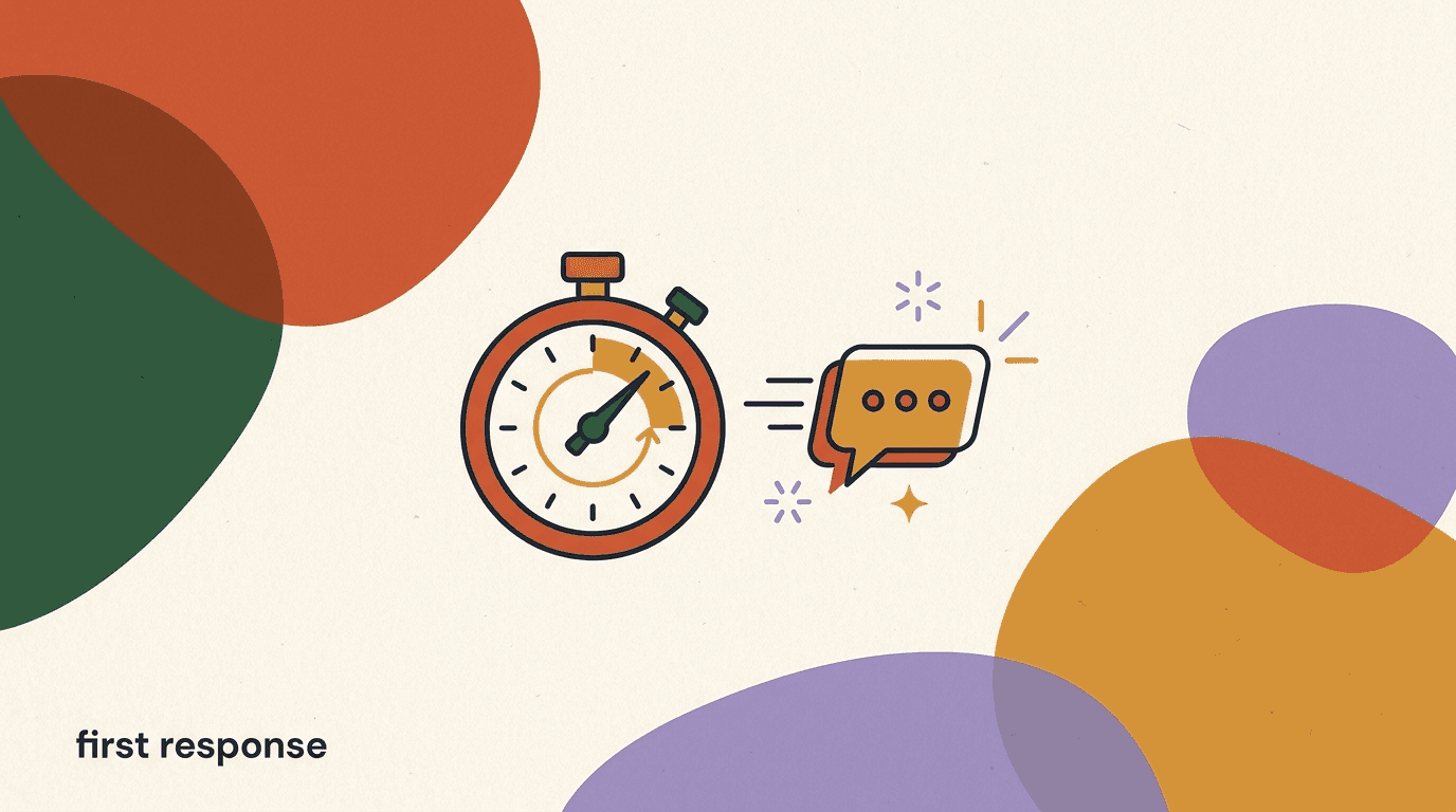 Flat illustration of a stopwatch beside a chat bubble sending an instant reply, showing why first response time drives chat sales and satisfaction
