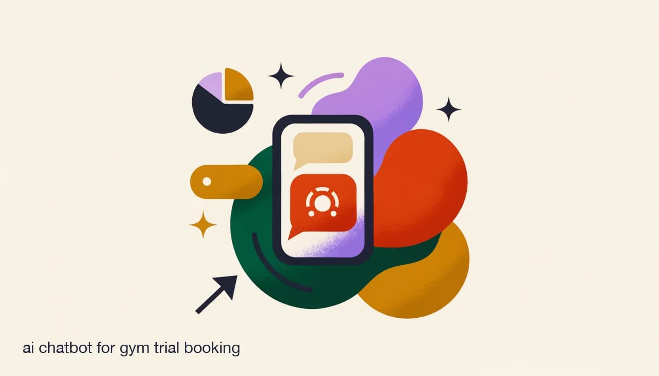 Flat illustration of an AI chat bubble booking a free trial class for a gym prospect late at night on a phone, on AI Trial-Booking Agent: Answer Gym DMs and Book Classes 24/7