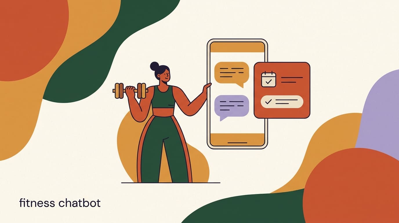 Flat illustration of a fitness chatbot on a phone booking a gym trial class and sending a workout check-in reminder, on fitness chatbot setup for gyms and trainers