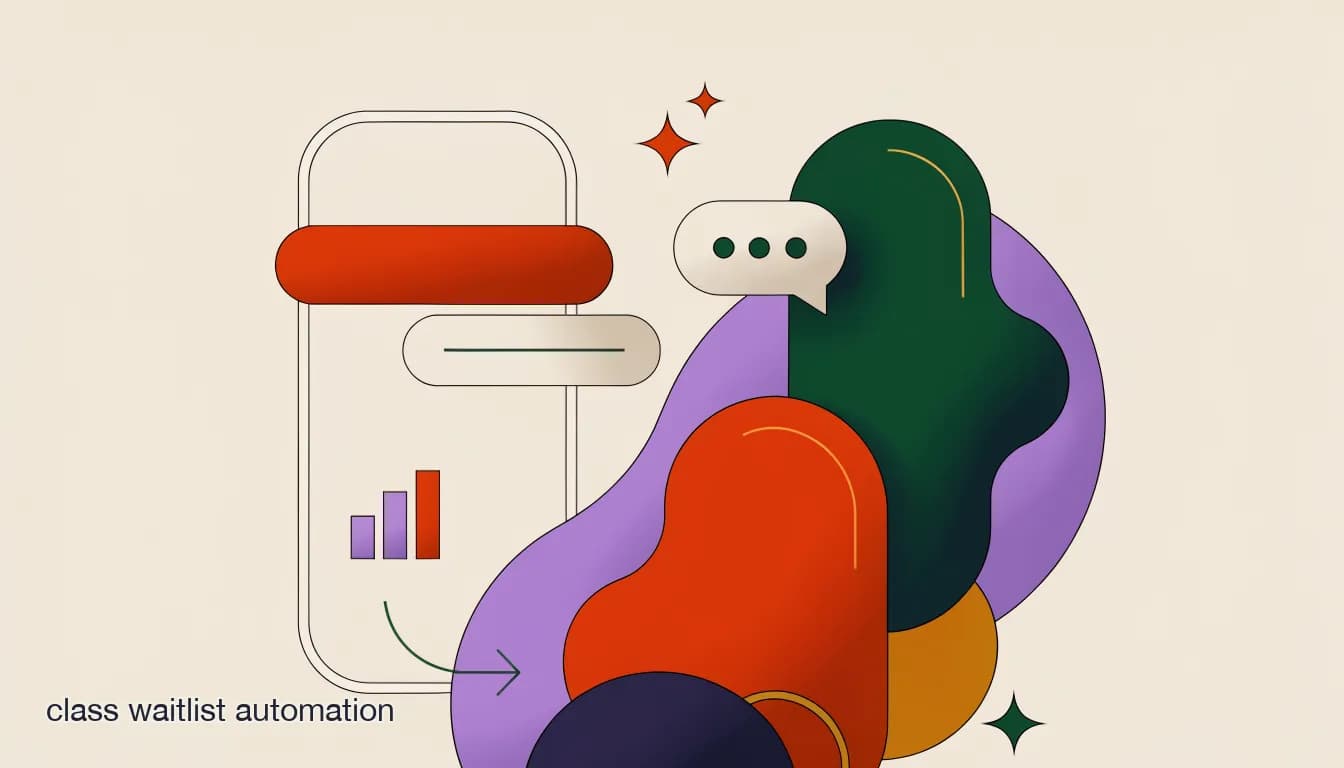Flat illustration of a phone notification bumping a waitlisted member into a newly opened studio class spot, on Class Waitlist Automation: Turn Full Classes Into Booked Revenue
