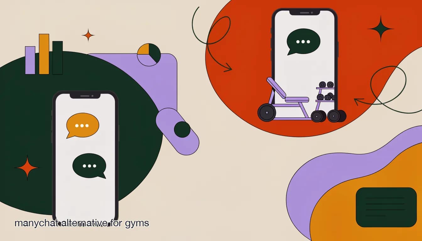 Flat illustration of Side-by-side comparison of DM automation platforms on a phone screen inside a boutique fitness studio, illustrating ManyChat alternatives for gyms, on Best ManyChat Alternative for Fitness Studios & Gyms (2026)