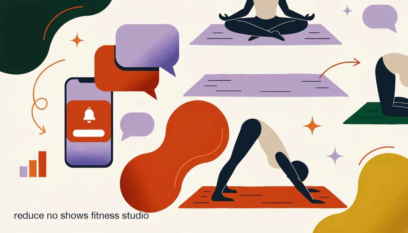 Flat illustration of one empty yoga mat spot in an otherwise full studio class, with a phone showing a class reminder notification, on How to Reduce No-Shows at Your Fitness Studio (Without Annoying Members)