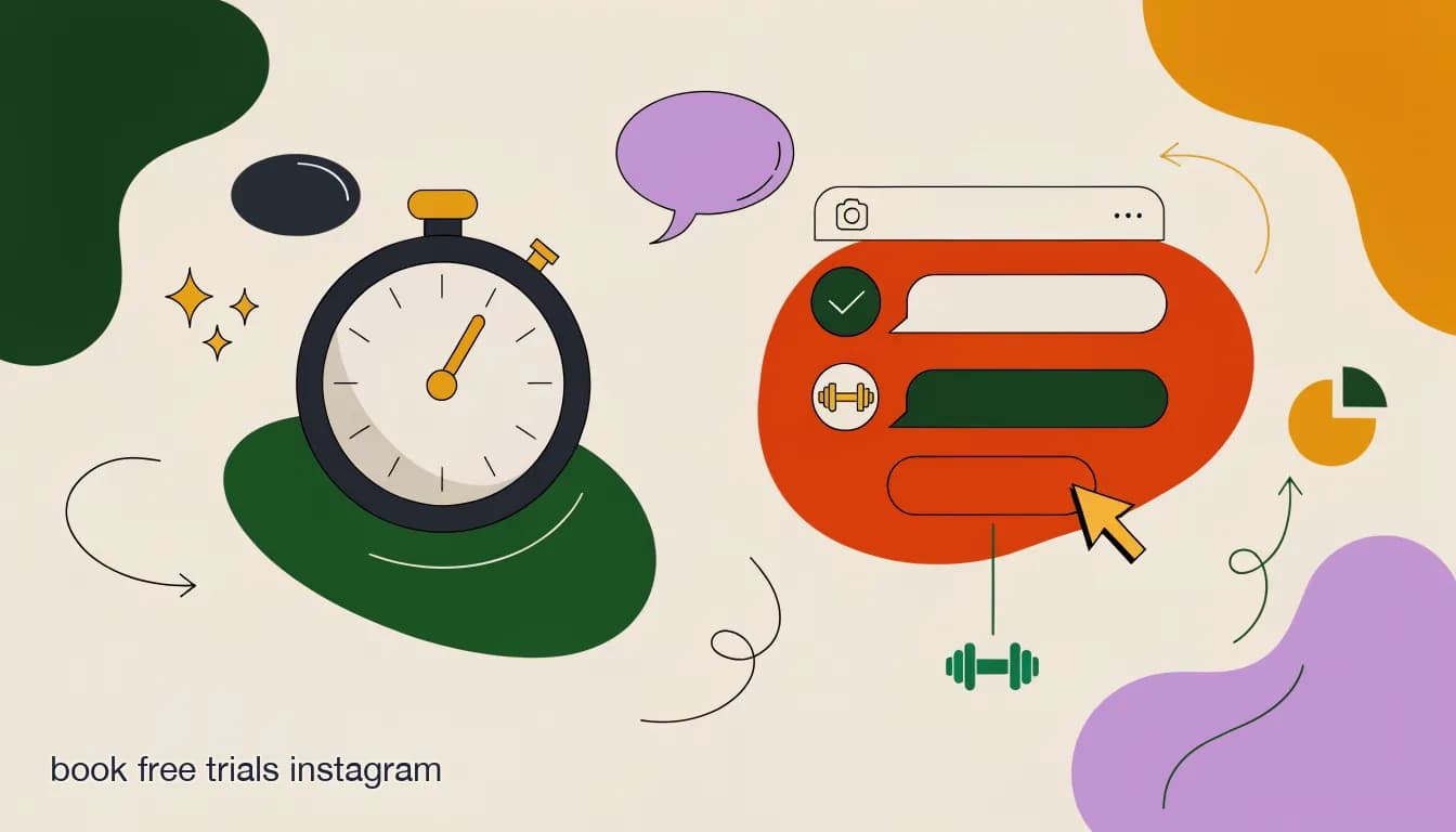 Flat illustration of a stopwatch next to an Instagram DM thread booking a free trial class at a gym, on The 5-Minute Rule: Why Speed-to-Lead Wins Free Trial Signups