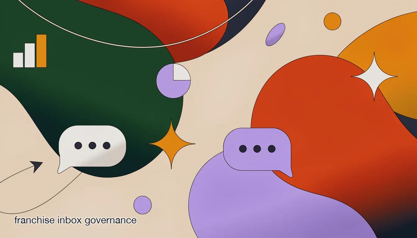 Flat illustration of a franchise HQ dashboard split-view showing corporate oversight controls next to a local franchisee's own messaging inbox permissions, on HQ vs. Franchisee: Who Should Control the Messaging Inbox?
