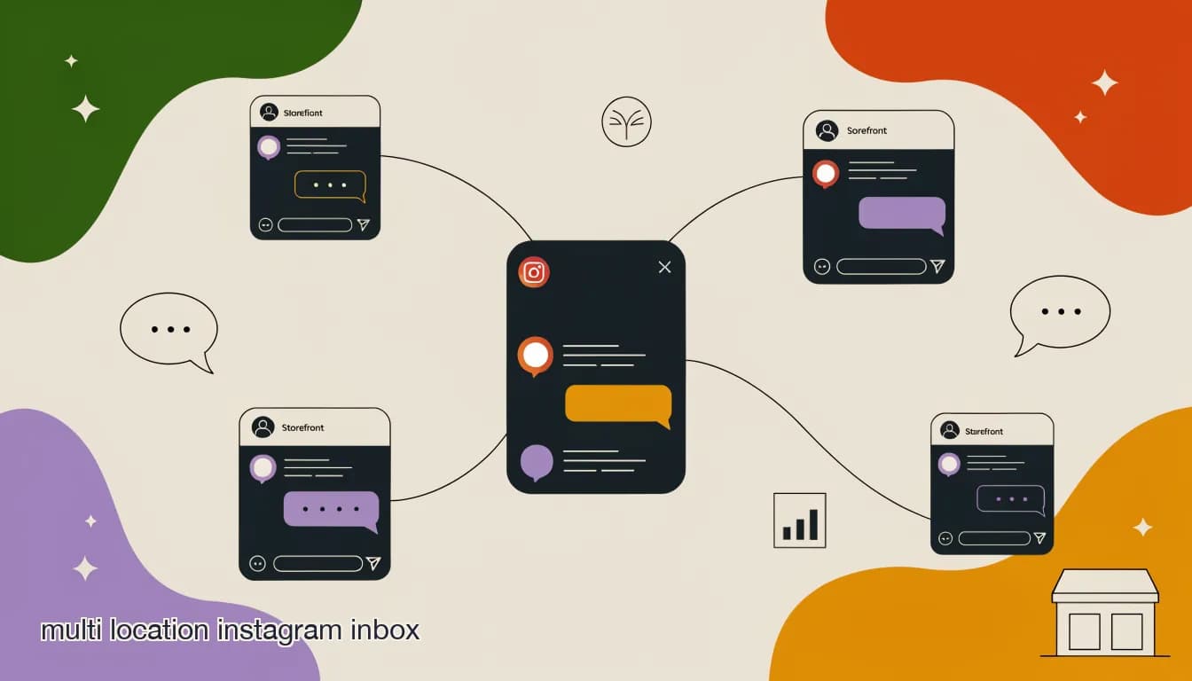 Flat illustration of several Instagram DM conversation threads from different store locations converging into one unified inbox screen, on Multi-Location Instagram Inbox: How Franchise Groups Should Structure Messaging