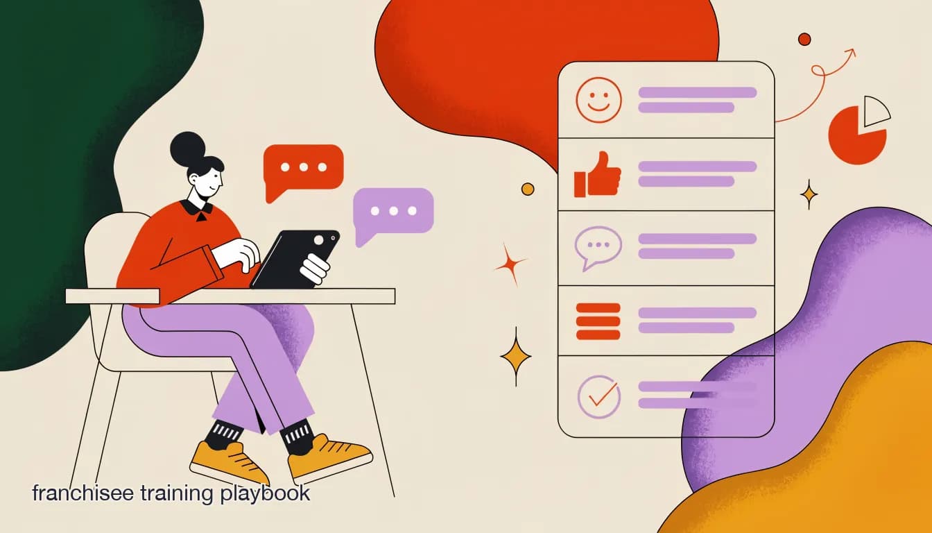 Flat illustration of a new franchise owner practicing customer DM replies on a tablet during a training session, with a brand voice checklist beside them, on The Franchisee Training Playbook: Getting New Owners Fluent on Your Messaging Standards
