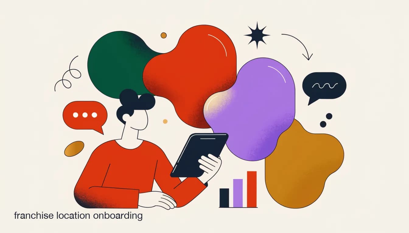 Flat illustration of a franchise HQ coordinator checking off a launch-day onboarding checklist for a new store location's messaging stack on a tablet, on Onboarding a New Franchise Location to Your Messaging Stack in a Day