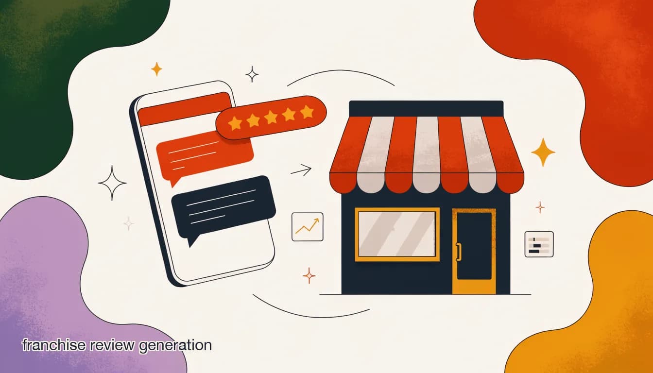 Flat illustration of a franchise storefront with a five-star review notification rising from a phone screen showing a DM conversation, on Turning DMs Into Reviews: Per-Location Review Generation for Franchises