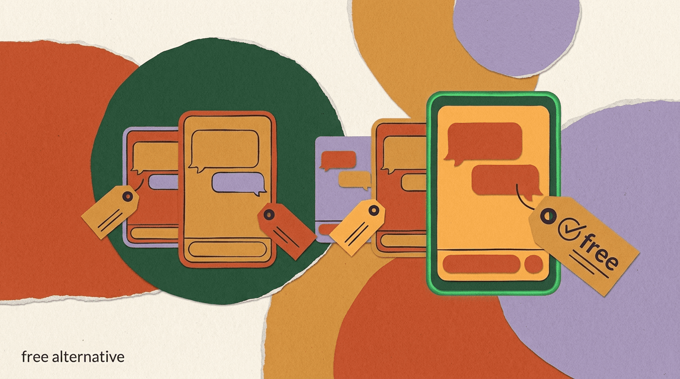 Flat illustration comparing chat apps with price tags of zero and small amounts, on choosing a free ManyChat alternative in 2026