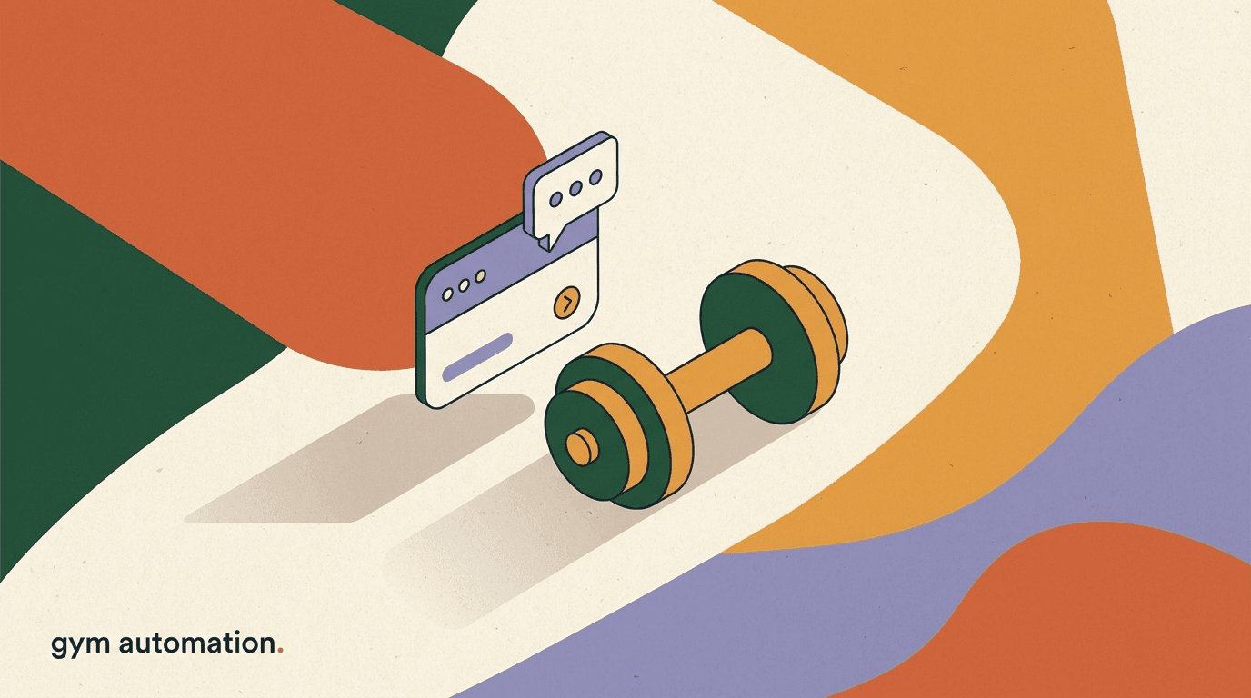 Flat illustration of a gym front desk with chat bubbles booking a tour and a free trial, representing gym membership automation