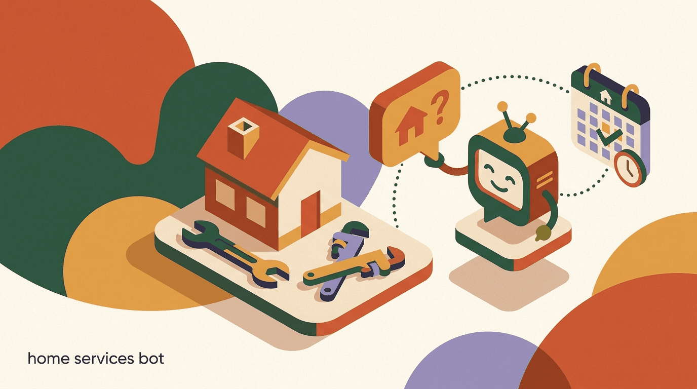 Flat illustration of a plumber and an HVAC technician receiving job inquiries through a home services chatbot on Instagram and WhatsApp chat bubbles