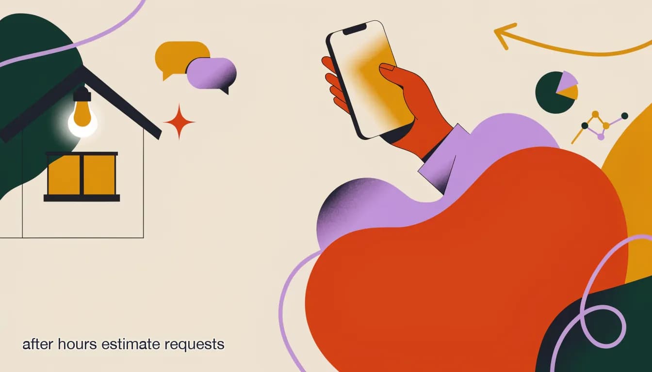 Flat illustration of a homeowner messaging a roofing company late at night, with a porch light on and a phone screen glowing in the dark, on After-Hours Estimate Requests: How Trades Businesses Stop Losing Jobs Overnight