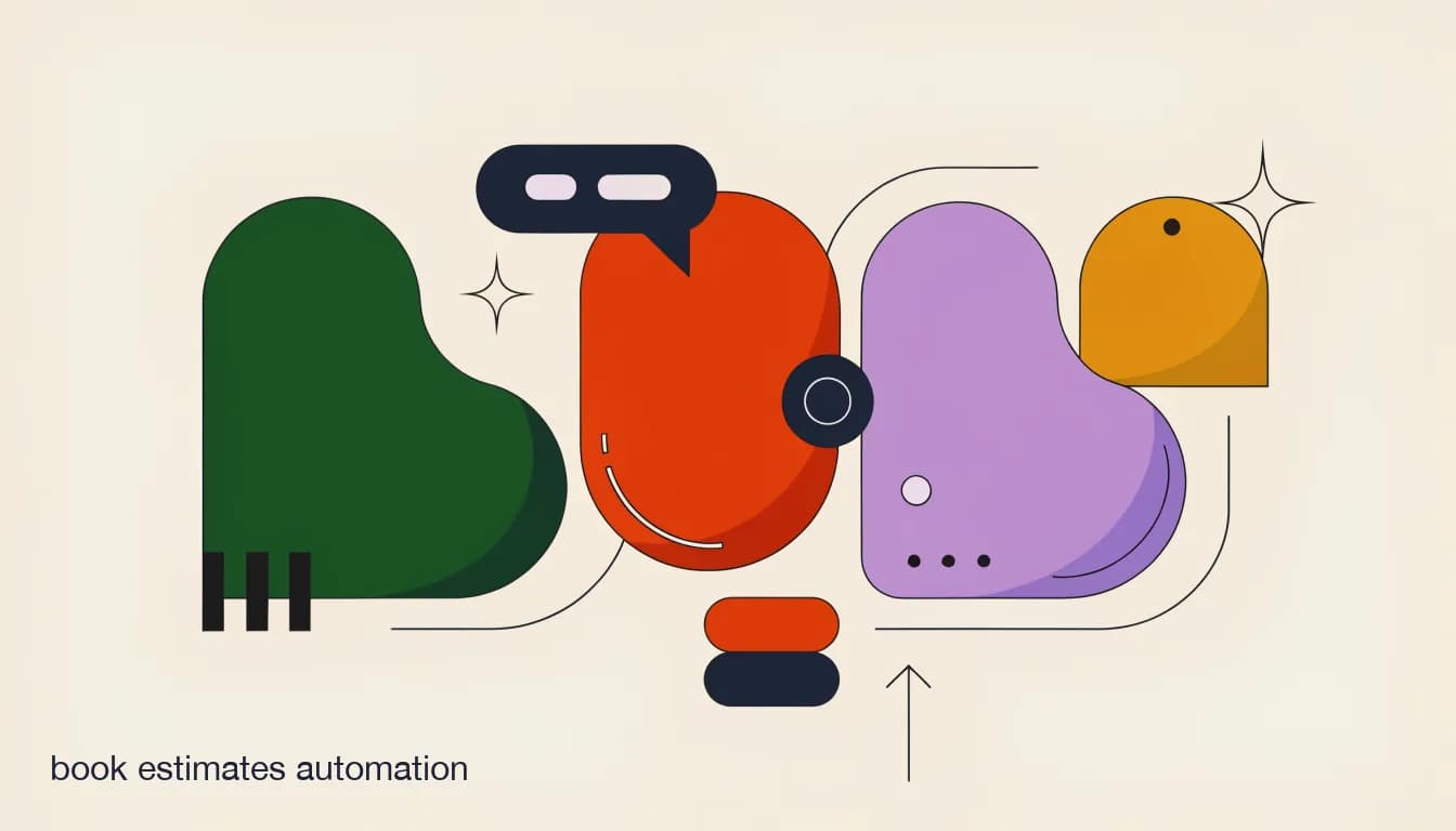 Flat illustration of a home services dispatcher's shared inbox automatically qualifying a lead and booking an estimate on a calendar, on Best Way to Automate Booking Estimates for Home Services Teams