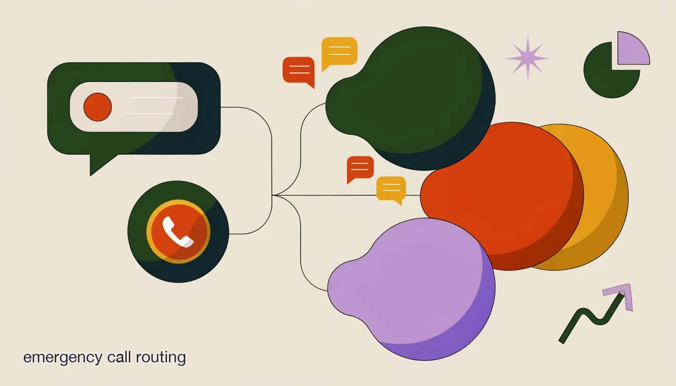 Flat illustration of incoming calls and chat messages branching into three routing lanes labeled emergency, urgent, and routine for a home services dispatcher, on Emergency Call and DM Routing for Home Services: Getting Real Emergencies to the Right Tech