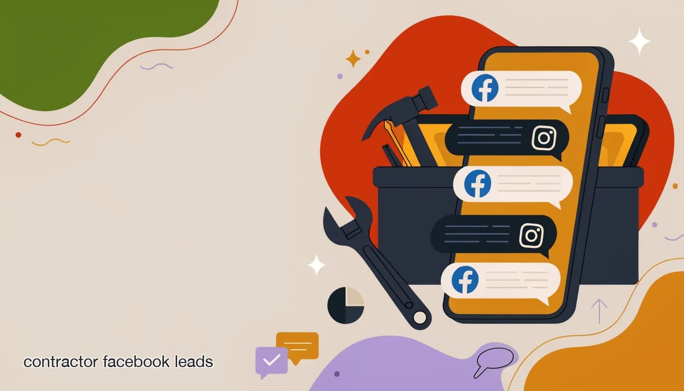 Flat illustration of a stack of unread Facebook and Instagram messages piling up on a contractor's phone next to a wrench and toolbox, on Contractor Facebook Leads Going Unanswered? Here's the Fix