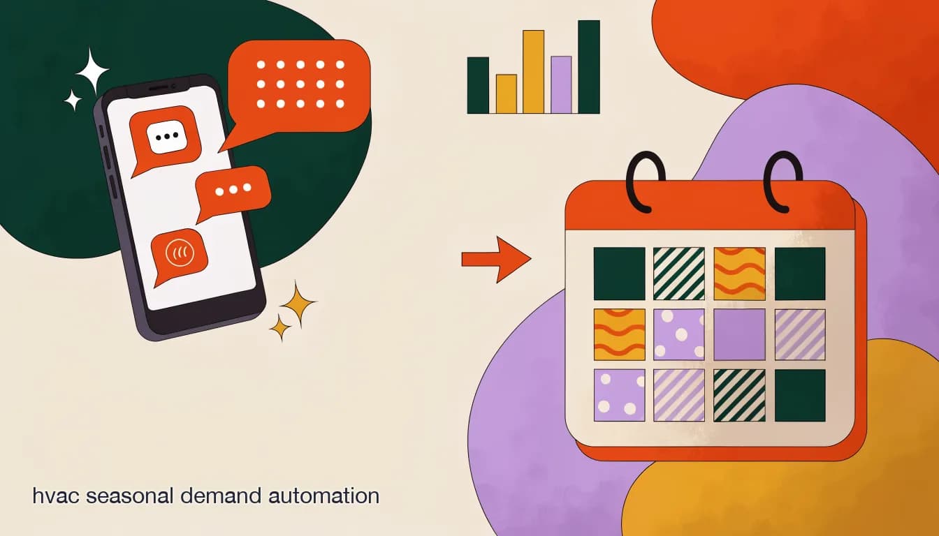 Flat illustration of an HVAC technician's phone with a spike of incoming chat notifications during a heatwave, next to a calendar showing seasonal booking automation, on HVAC Seasonal Demand Automation: Surviving the First Heatwave Call Spike Without Hiring