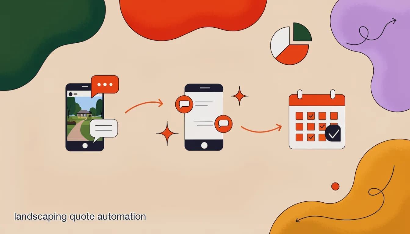 Flat illustration of a landscaper's phone showing an Instagram comment turning into a chat conversation and then a booked estimate on a calendar, on Landscaping Quote Automation: Turn 'DM for a Quote' Into a Booked Estimate