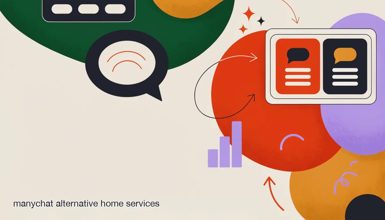 Flat illustration of a contractor's office comparing two chat automation tools on a tablet, weighing a ManyChat alternative for home services, on ManyChat Alternative for Home Services & Trades Businesses