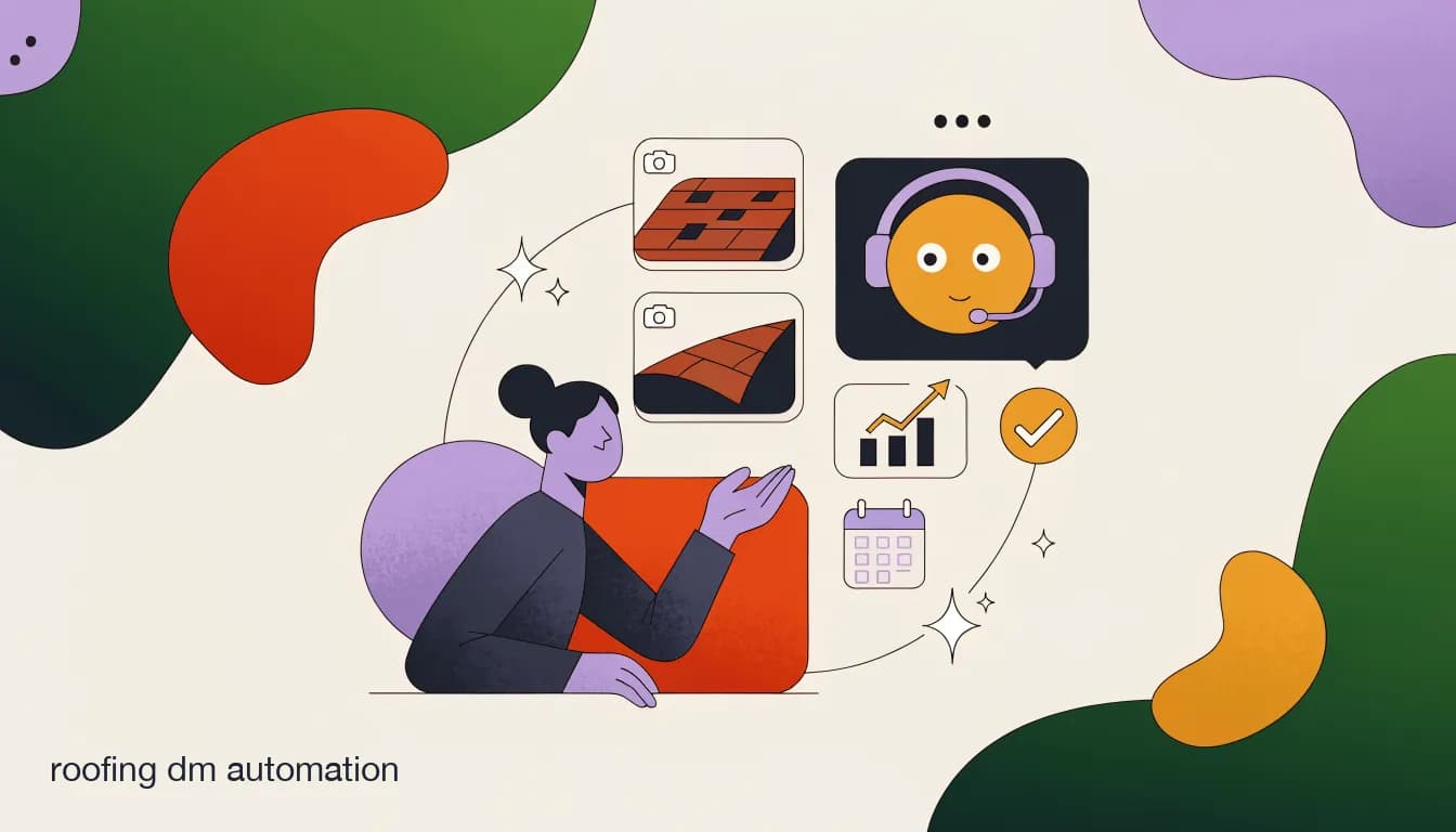 Flat illustration of a roofing company chatbot qualifying a storm-damage lead in a Facebook DM, showing damage photos and a booked inspection, on Roofing DM Automation: Qualifying Storm-Damage Leads From Social Media