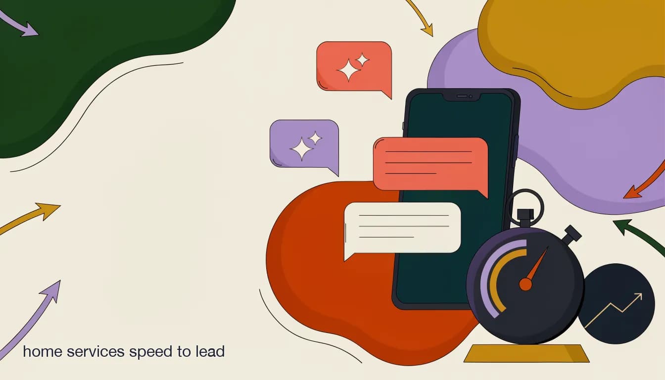 Flat illustration of a homeowner's DM being answered instantly by a trades company on a phone, with a stopwatch showing a fast response time, on Home Services Speed to Lead: Why the First Reply Wins the Job