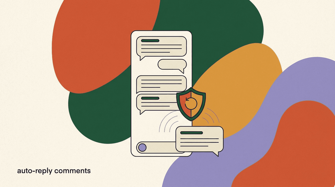 Flat illustration of an Instagram post with comment bubbles being answered automatically, showing Instagram auto-reply comments paired with a private DM follow-up
