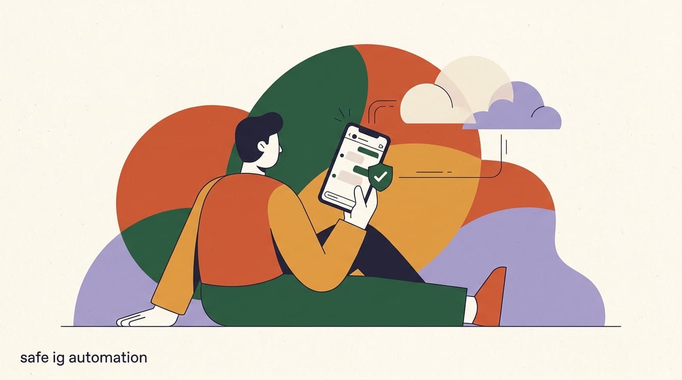 Flat illustration of an Instagram automation flow connected to a verified shield and a 24-hour clock, representing safe and compliant Instagram automation under Meta's 2026 rules