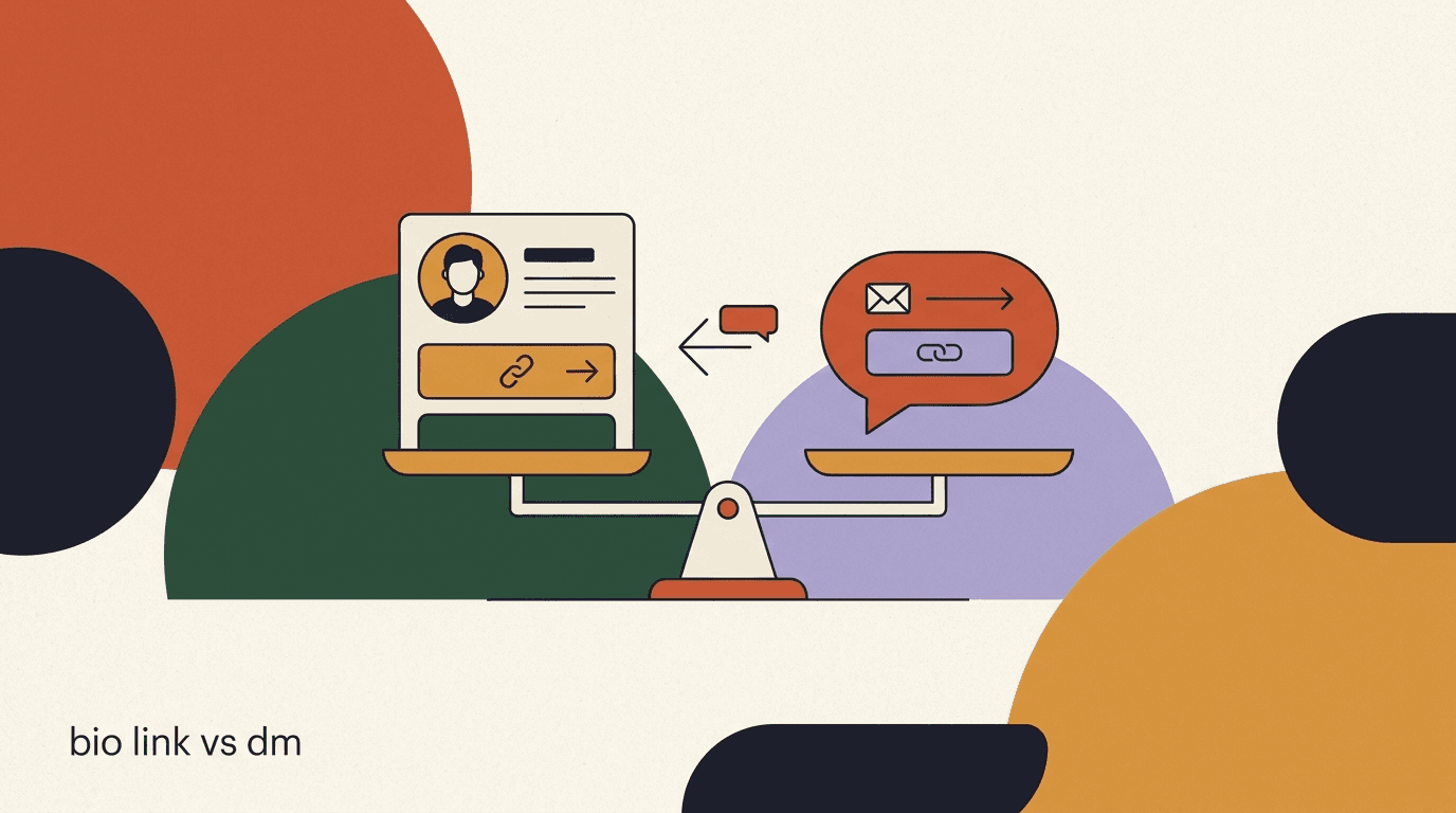 Flat illustration comparing Instagram bio link vs DM delivery, with a profile link tree on one side and a chat bubble handing over a link on the other