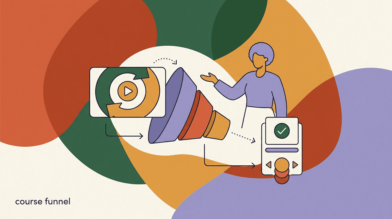 Flat illustration of an Instagram course sales funnel turning a Reel comment into a DM conversation, a course preview, and a checkout link