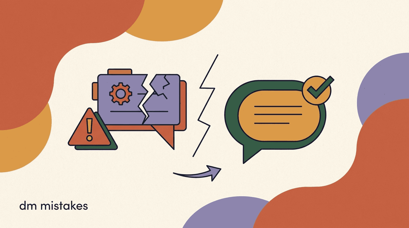 Flat illustration of a broken chat funnel leaking conversations, depicting common Instagram DM automation mistakes that kill conversions