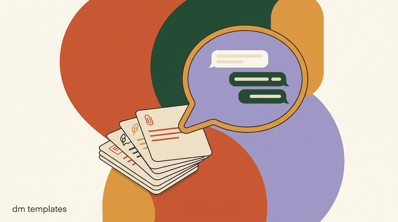Flat illustration of a phone showing Instagram DM templates as chat bubbles with fill-in blanks, on Instagram DM templates that get replies