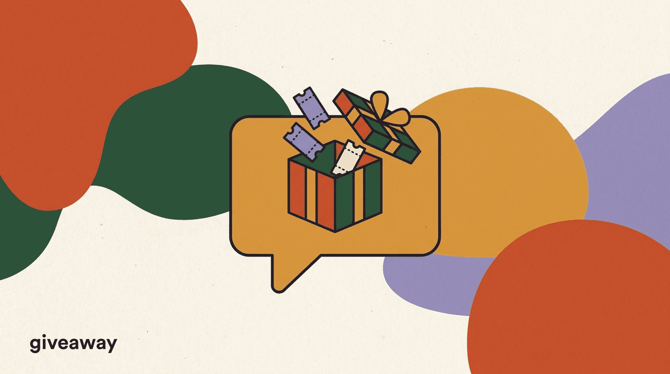 Flat illustration of an Instagram post with a comment keyword turning into DM entries, gift boxes, and a winner notification, on Instagram giveaway automation