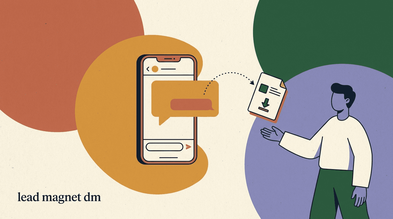 Flat illustration of an Instagram lead magnet DM funnel: a comment with a keyword turning into a direct message that delivers a free guide and captures an email opt-in