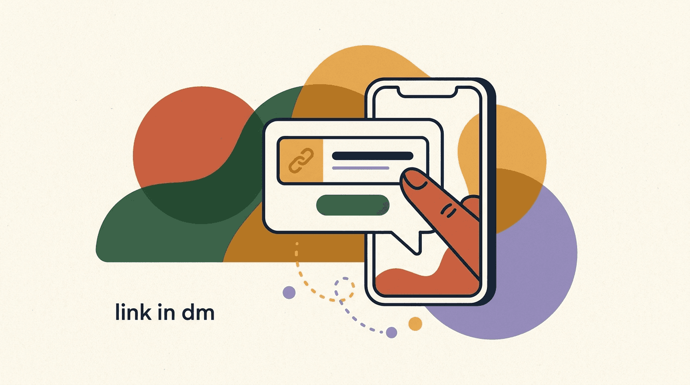 Flat illustration of a phone showing an Instagram link in DM conversation with a single clear link button and a rising click chart